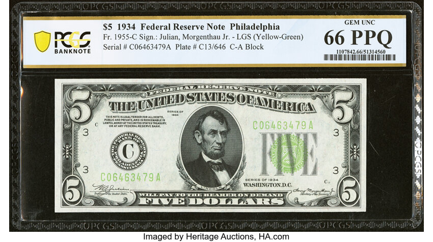 image for: Fr. 1955-C $5 1934 Light Green Seal Federal Reserve Note. PCGS Banknote Gem Unc 66 PPQ....