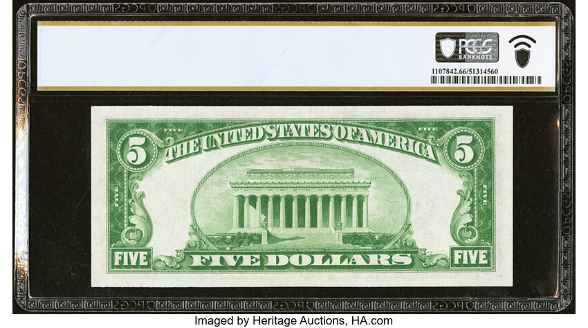 image for: Fr. 1955-C $5 1934 Light Green Seal Federal Reserve Note. PCGS Banknote Gem Unc 66 PPQ....