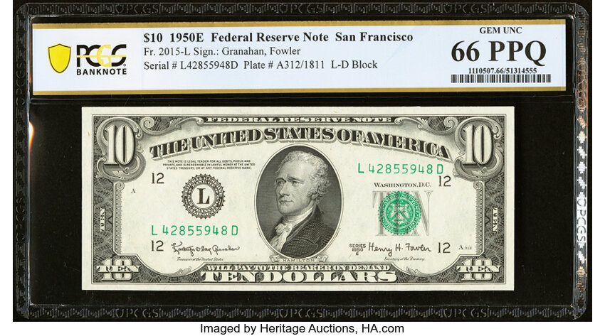 image for: Fr. 2015-L $10 1950E Federal Reserve Note. PCGS Banknote Gem Unc 66 PPQ....