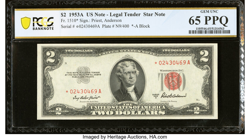 image for: Fr. 1510* $2 1953A Legal Tender Star Note. PCGS Banknote Gem Unc 65 PPQ....