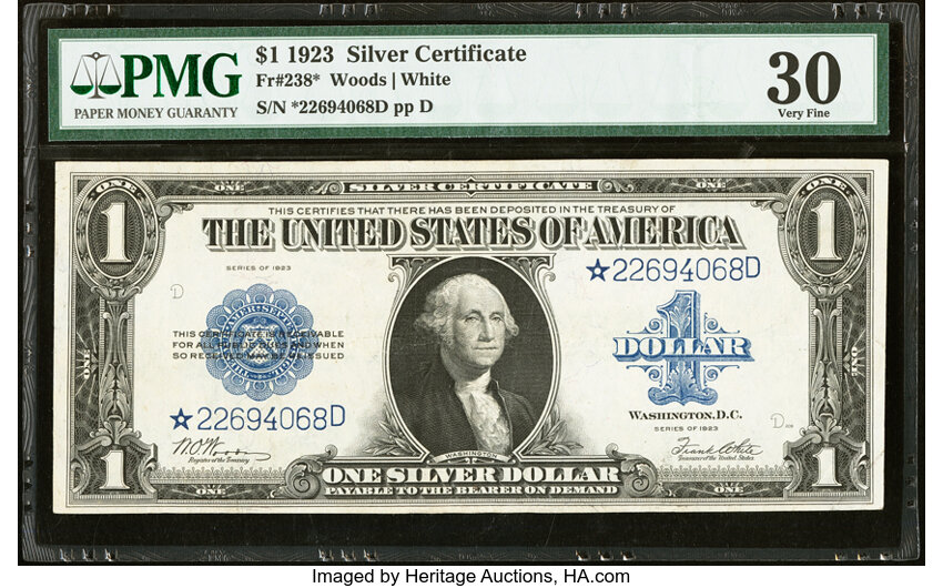 image for: Fr. 238* $1 1923 Silver Certificate Star Note PMG Very Fine 30....