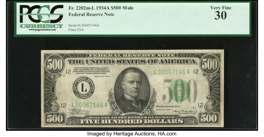 image for: Fr. 2202-L $500 1934A Mule Federal Reserve Note. PCGS Very Fine 30....