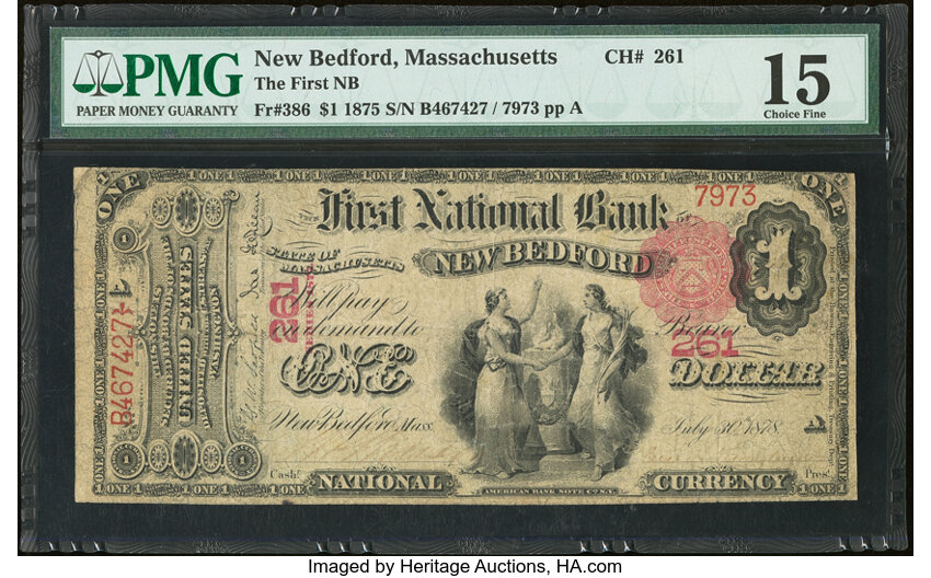 image for: New Bedford, MA - $1 1875 Fr. 386 The First National Bank Ch. # 261 PMG Choice Fine 15....