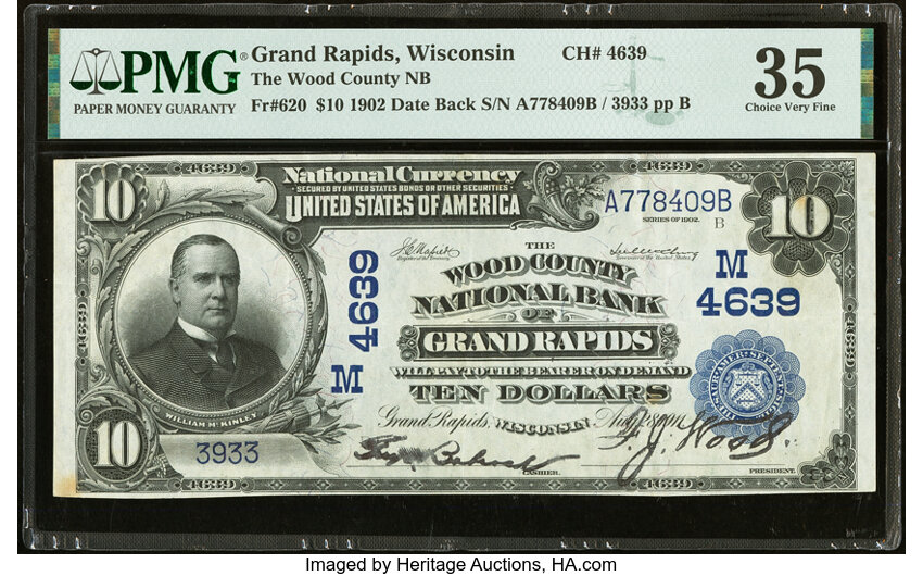 image for: Grand Rapids, WI - $10 1902 Date Back Fr. 620 The Wood County National Bank Ch. # (M)4639 PMG Choice Very Fine 35....