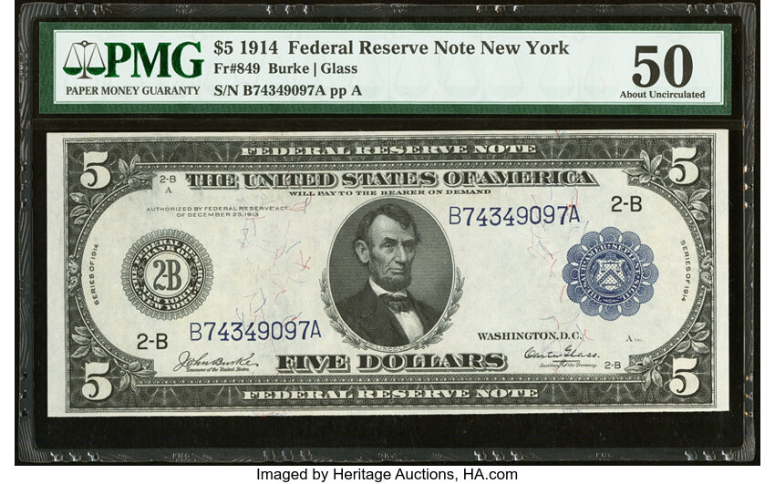 image for: Fr. 849 $5 1914 Federal Reserve Note PMG About Uncirculated 50....