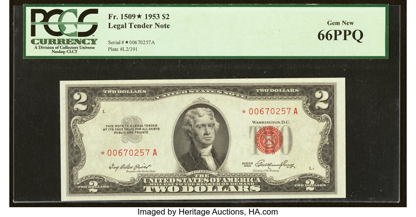 image for: Fr. 1509* $2 1953 Legal Tender Star Note. PCGS Gem New 66PPQ....