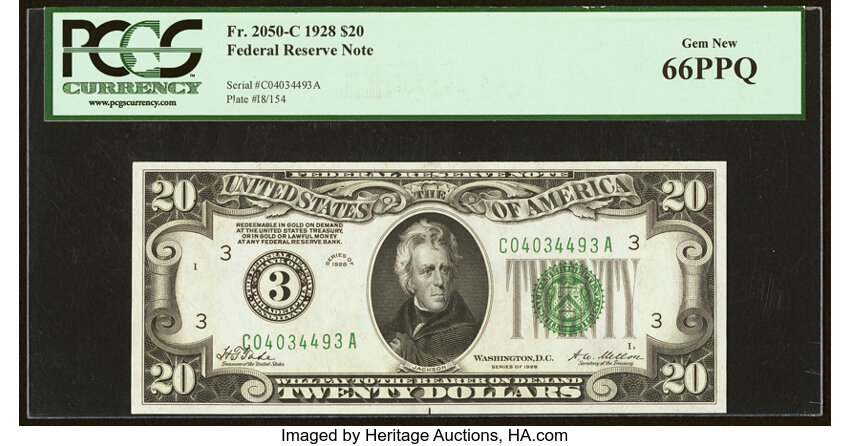 image for: Fr. 2050-C $20 1928 Federal Reserve Note. PCGS Gem New 66PPQ....