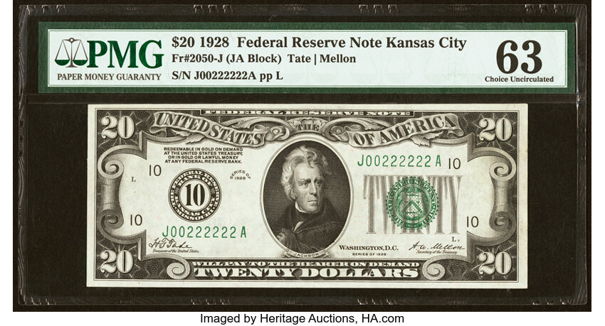 image for: Fancy Serial Number J00222222A Fr. 2050-J $20 1928 Federal Reserve Note. PMG Choice Uncirculated 63....