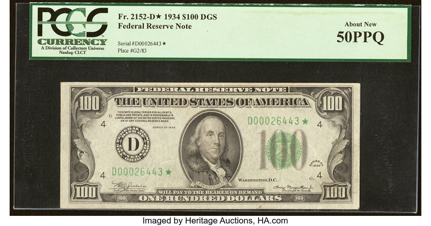 image for: Fr. 2152-D* $100 1934 Federal Reserve Star Note. PCGS About New 50PPQ....