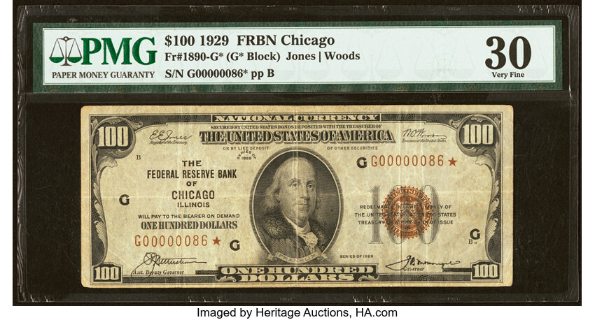 image for: Low Serial Number 86 Fr. 1890-G* $100 1929 Federal Reserve Bank Star Note. PMG Very Fine 30....