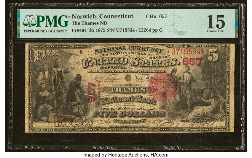 image for: Norwich, CT - $5 1875 Fr. 404 The Thames National Bank Ch. # 657 PMG Choice Fine 15....