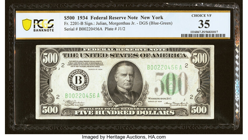 image for: Fr. 2201-B $500 1934 Federal Reserve Note. PCGS Banknote Choice VF 35....