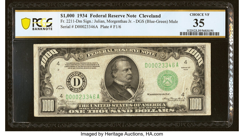 image for: Fr. 2211-D $1,000 1934 Mule Federal Reserve Note. PCGS Banknote Choice VF 35....