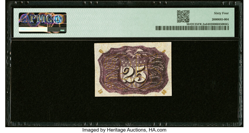 image for: Essay Face and Back Engraving Without Bronze Oval Essay D-5-18-63 Surcharge Milton 2E25FR.2a 25¢ Second Issue PMG Choice Uncir...