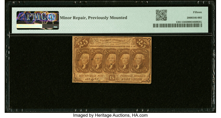 image for:  Five Stamps Obverse 25c PMG F15 (Fr. 1281)
