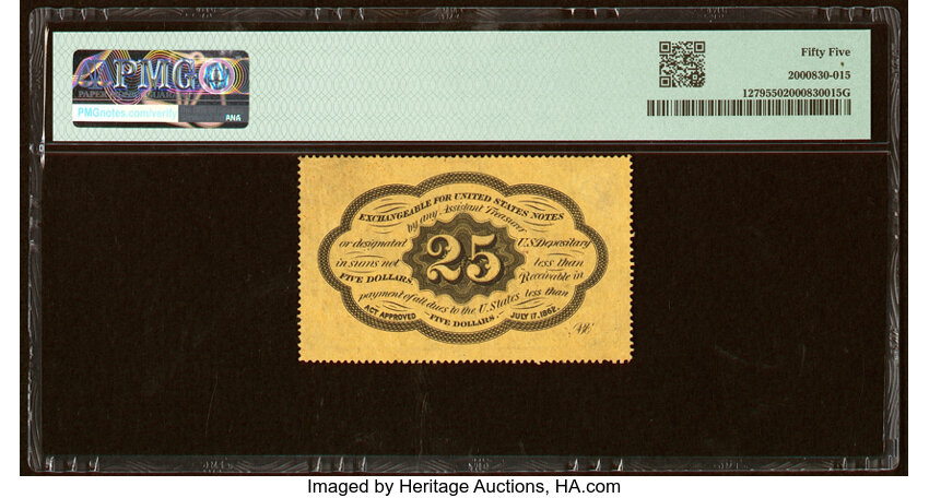 image for:  Five Stamps Obverse 25c PMG AU55 (Fr. 1279)