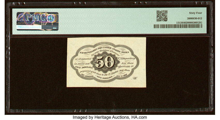 image for:  Five Stamps Obverse 50c PMG CU64 (Fr. 1312)