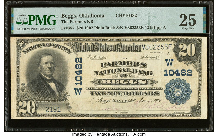 image for: Beggs, OK - $20 1902 Plain Back Fr. 657 The Farmers National Bank Ch. # (W)10482 PMG Very Fine 25....