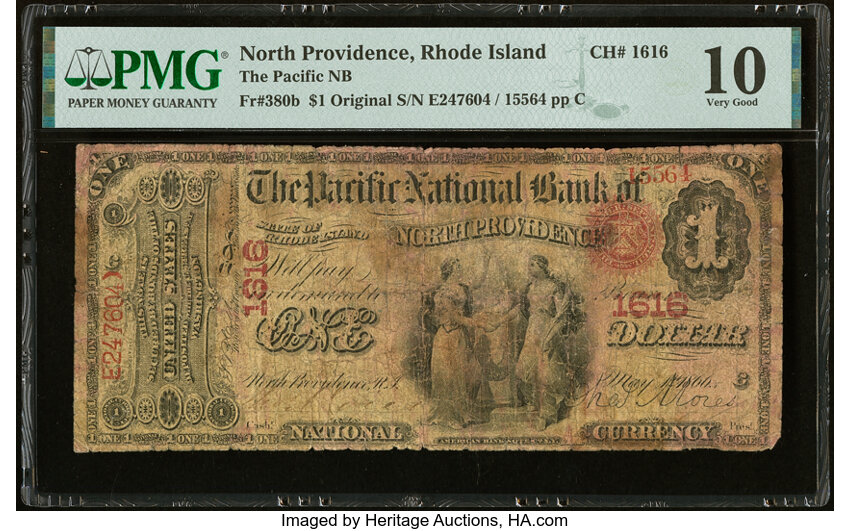 image for: North Providence, RI - $1 Original Fr. 380b The Pacific National Bank Ch. # 1616 PMG Very Good 10....