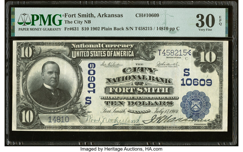 image for: Fort Smith, AR - $10 1902 Plain Back Fr. 631 The City National Bank Ch. # (S)10609 PMG Very Fine 30 EPQ....