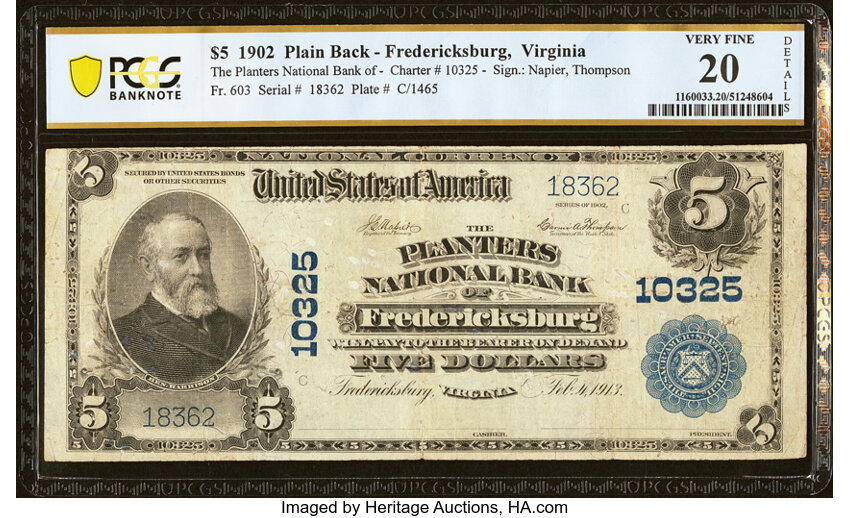 image for: Fredericksburg, VA - $5 1902 Plain Back Fr. 603 The Planters National Bank Ch. # 10325 PCGS Very Fine 20 Details....