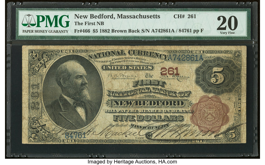 image for: New Bedford, MA - $5 1882 Brown Back Fr. 466 The First National Bank Ch. # 261 PMG Very Fine 20....