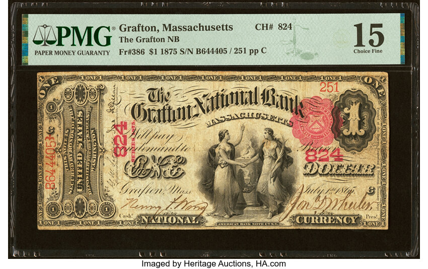 image for: Grafton, MA - $1 1875 Fr. 386 The Grafton National Bank Ch. # 824 PMG Choice Fine 15....
