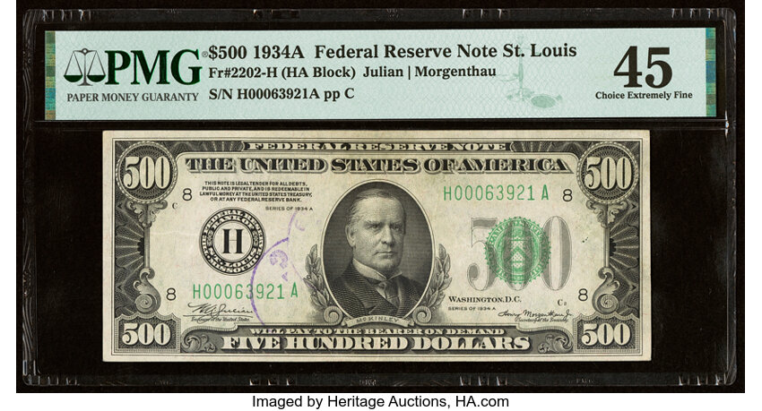 image for: Fr. 2202-H $500 1934A Federal Reserve Note. PMG Choice Extremely Fine 45....