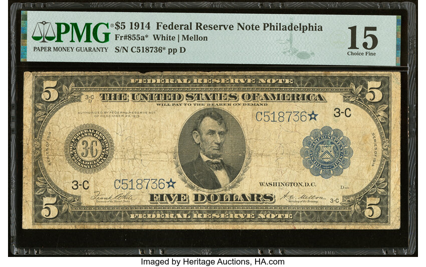 image for: Fr. 855a* $5 1914 Federal Reserve Star Note PMG Choice Fine 15....