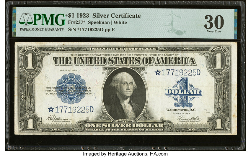 image for: Fr. 237* $1 1923 Silver Certificate Star Note PMG Very Fine 30....