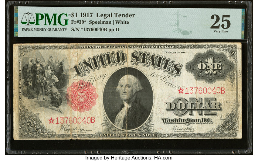 image for: Fr. 39* $1 1917 Legal Tender Star Note PMG Very Fine 25....