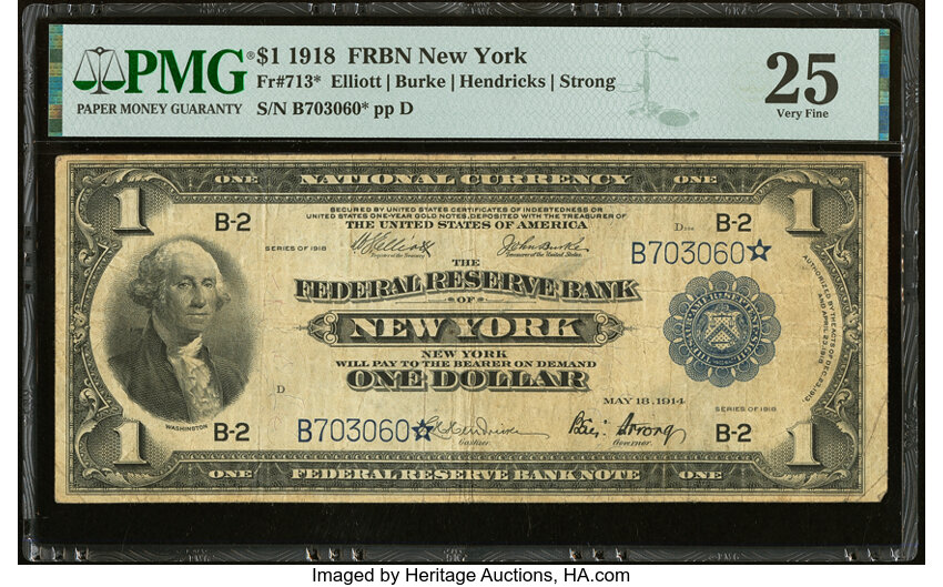 image for: Fr. 713* $1 1918 Federal Reserve Bank Star Note PMG Very Fine 25....