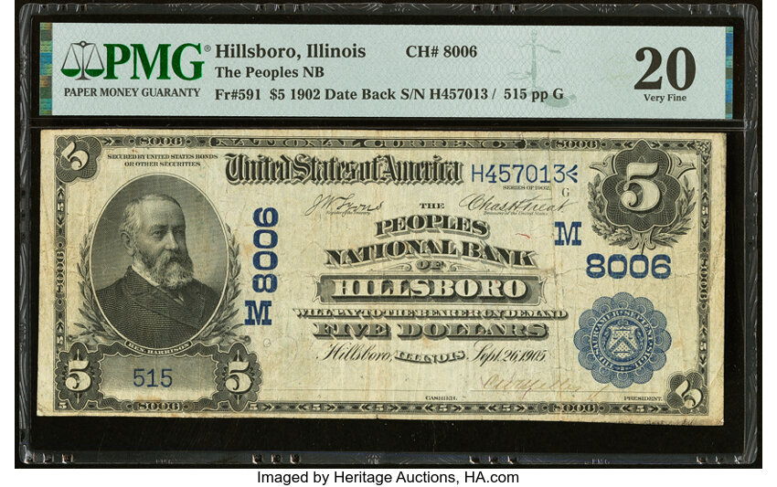 image for: Hillsboro, IL - $5 1902 Date Back Fr. 591 The Peoples National Bank Ch. # (M)8006 PMG Very Fine 20....
