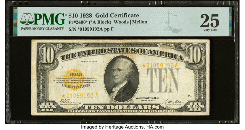image for: Fr. 2400* $10 1928 Gold Certificate Star Note. PMG Very Fine 25....