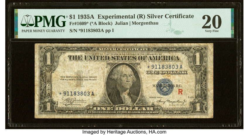 image for: Fr. 1609* $1 1935A R Silver Certificate Star. PMG Very Fine 20....