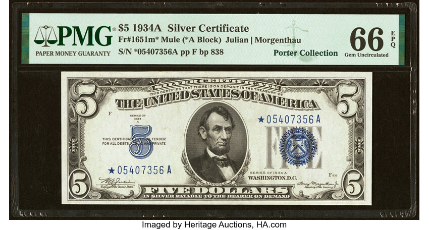 image for: Fr. 1651* $5 1934A Mule Silver Certificate Star Note. PMG Gem Uncirculated 66 EPQ....