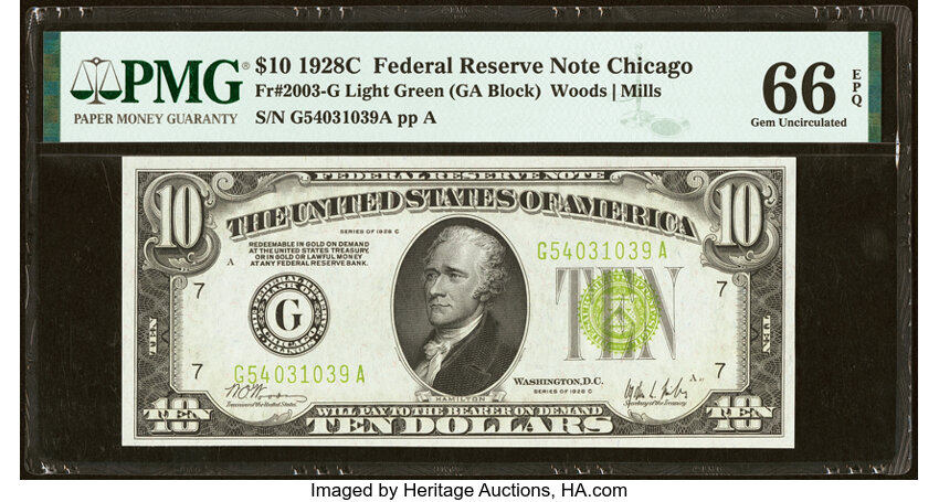 image for: Fr. 2003-G $10 1928C Light Green Seal Federal Reserve Note. PMG Gem Uncirculated 66 EPQ....