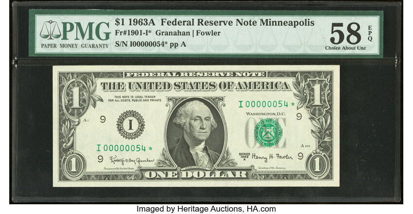 image for: Low Serial Number 54 Fr. 1901-I* $1 1963A Federal Reserve Star Note. PMG Choice About Unc 58 EPQ....