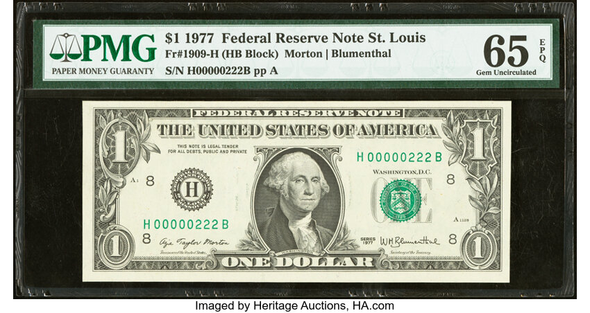 image for: Low Serial Number 222 Fr. 1909-H $1 1977 Federal Reserve Note. PMG Gem Uncirculated 65 EPQ....