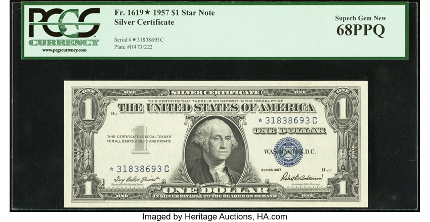 image for: Fr. 1619* $1 1957 Silver Certificate Star Note. PCGS Superb Gem New 68PPQ....