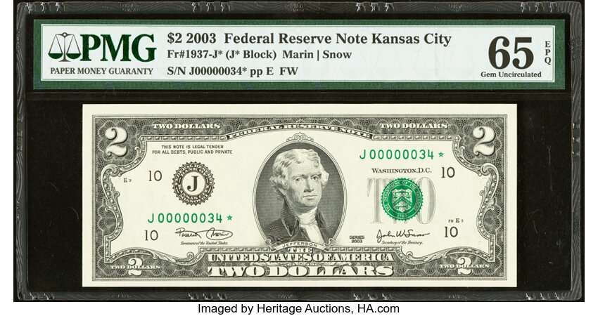 image for: Low Serial Number 34 Fr. 1937-J* $2 2003 Federal Reserve Star Note. PMG Gem Uncirculated 65 EPQ....