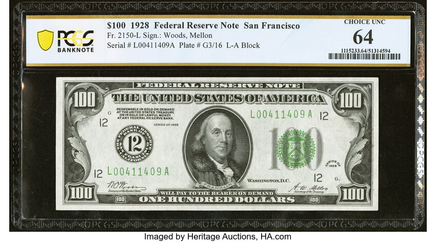 image for: Fr. 2150-L $100 1928 Federal Reserve Note. PCGS Banknote Choice Unc 64....