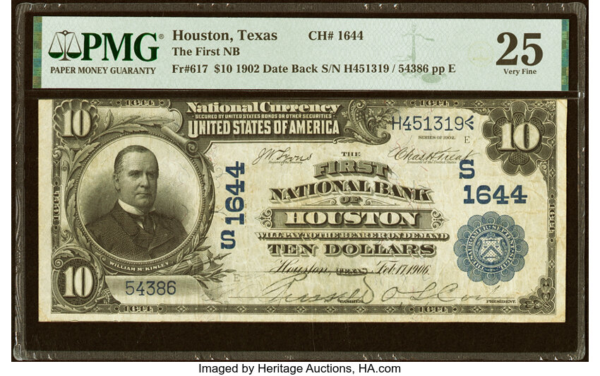 image for: Houston, TX - $10 1902 Date Back Fr. 617 The First National Bank Ch. # (S)1644 PMG Very Fine 25....