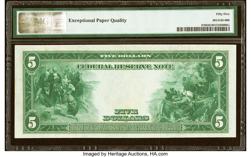 image for: Fr. 870 $5 1914 Federal Reserve Note PMG About Uncirculated 55 EPQ....