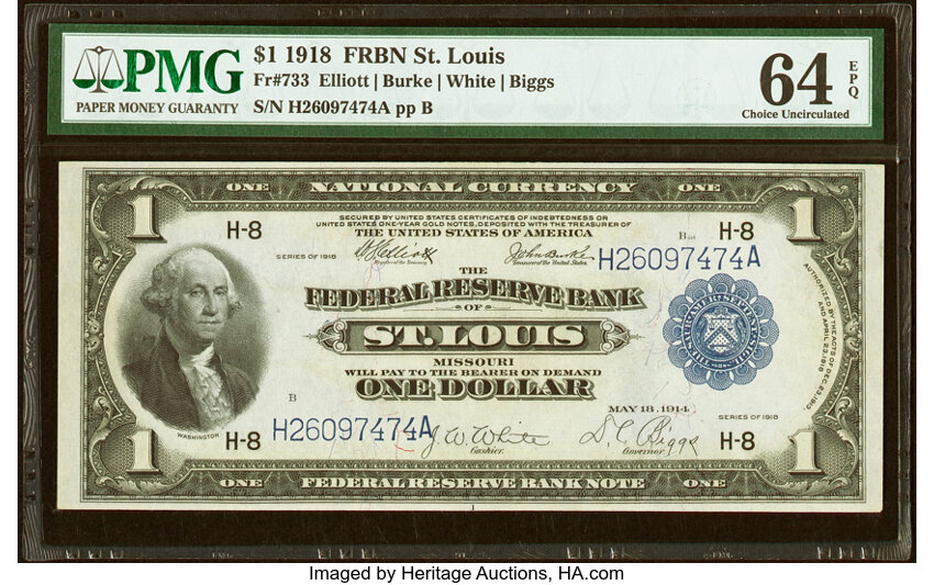image for: Fr. 733 $1 1918 Federal Reserve Bank Note PMG Choice Uncirculated 64 EPQ....