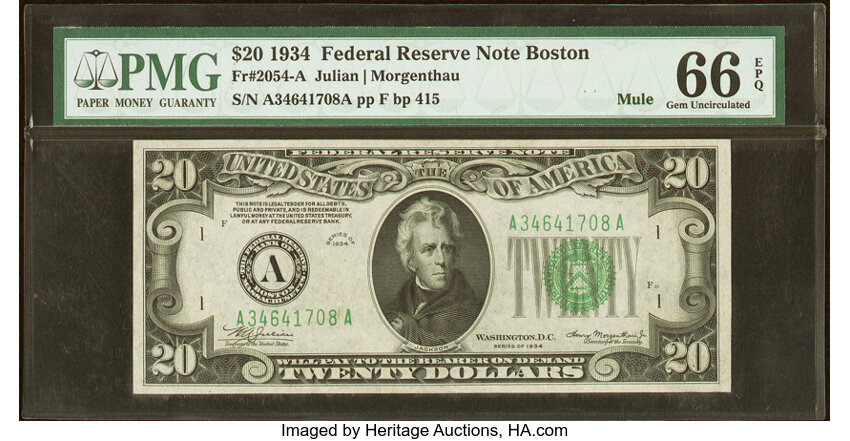 image for: Fr. 2054-A $20 1934 Mule Federal Reserve Note. PMG Gem Uncirculated 66 EPQ....
