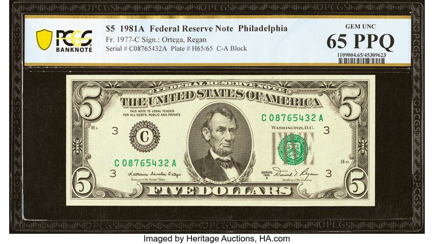 image for: Partial Down Ladder Serial Number 08765432 Fr. 1977-C $5 1981A Federal Reserve Note. PCGS Banknote Gem Unc 65 PPQ....