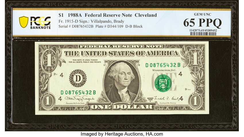 image for: Partial Down Ladder Serial Number 08765432 Fr. 1915-D $1 1988A Federal Reserve Note. PCGS Banknote Gem Unc 65 PPQ....