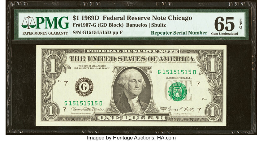 image for: Super Repeater Serial Number 15151515 Fr. 1907-G $1 1969D Federal Reserve Note. PMG Gem Uncirculated 65 EPQ....