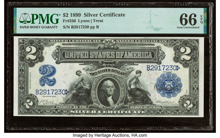 image for: Fr. 250 $2 1899 Silver Certificate PMG Gem Uncirculated 66 EPQ....